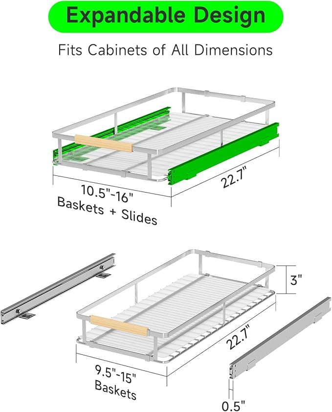 Expandable Pull Out Drawers for Cabinets, Kitchen Cabinet Slide Out Shelves, Adjustable Roll Out Drawers, Stainless Steel, Small 2 Pack, (10.5"-16") W * 22.7"D