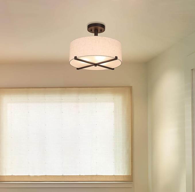 XiNBEi Lighting 3 Light Semi Flush Mount Ceiling Light Fixture, Drum Light with Fabric Shade, Modern Close to Ceiling Lamps for Bedroom, Dining Room, Kitchen, Hallway, Entry, Foyer