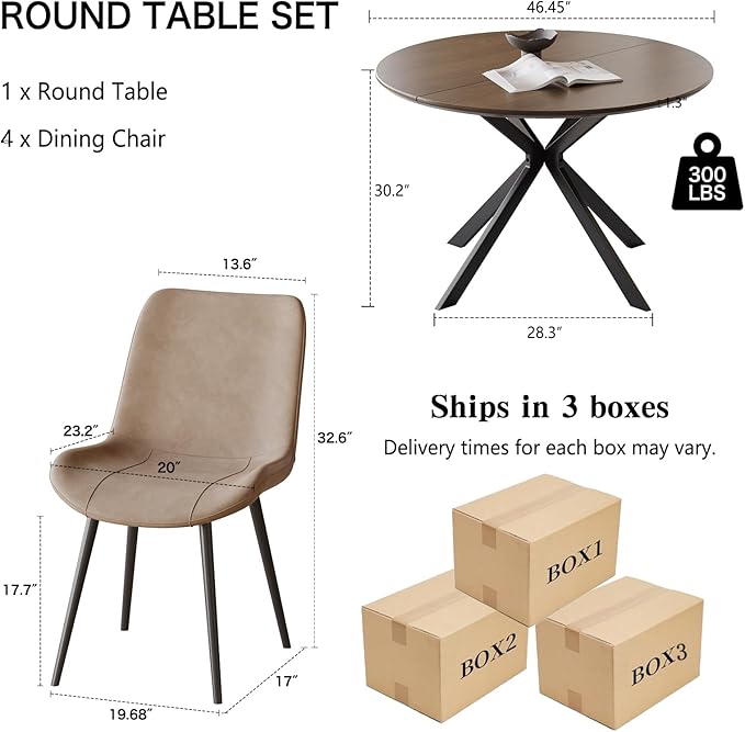 46.4" Round Dining Table Set with 4 Chairs, Modern Dining Set with Comfortable PU Leather Chairs, Sturdy MDF Table with X-Shaped Base, Easy Assembly, Ideal for Dining Room or Kitchen