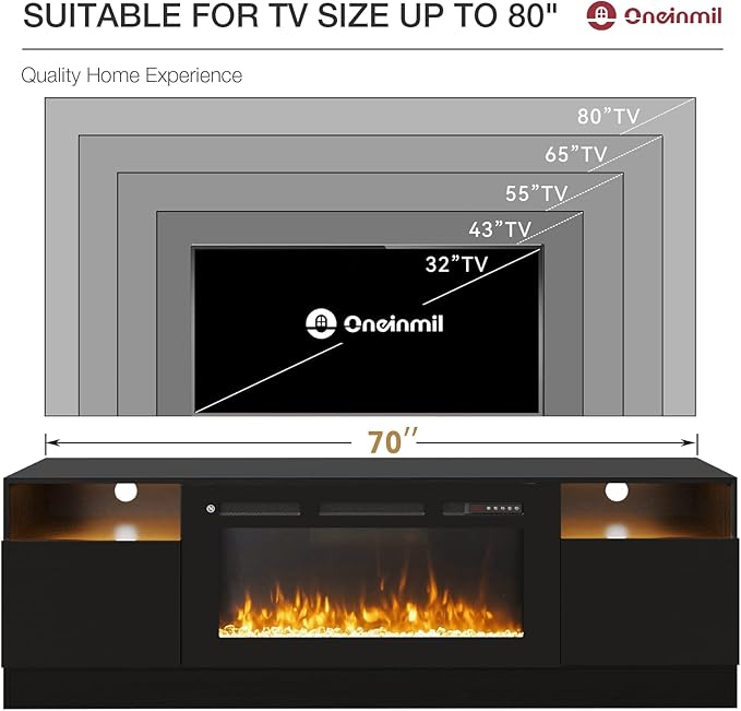oneinmil 70” TV Stand with 36” Electric Fireplace, Large Modern Media Entertainment Center with Storage Cabinet and 12 Colors LED Lights for TVs Up to 80", Black TV Stand and Black Fireplace