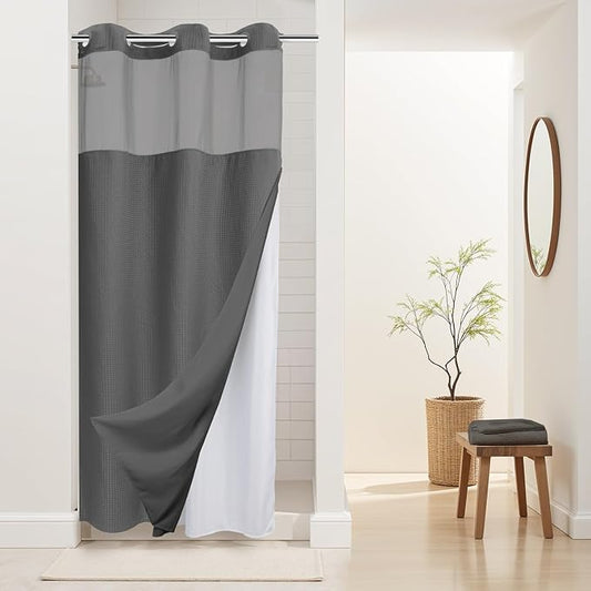 River Dream Stall Heavyweight No Hooks Required Dotted Waffle Weave Shower Curtain with Snap in Liner - 36W x 74H,Hotel Grade,Spa Like Bath Curtain,Graphite Grey
