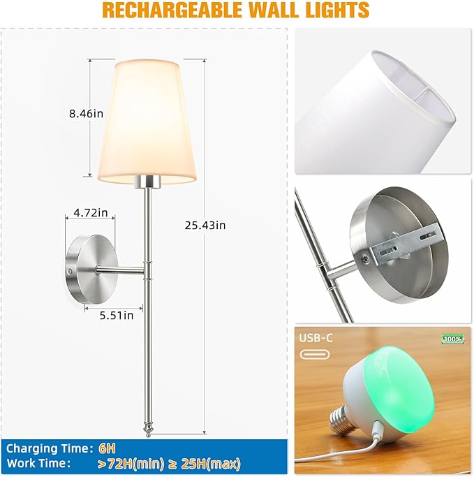 NIORSUN 25.4 inch Brushed Nickel Battery Operated Wall Sconce Set of 2,Rechargeable Wall Lights with Dimmable Detachable Bulbs and Remote,9 Colors Wireless Sconces for Bedroom Living Room Hallway