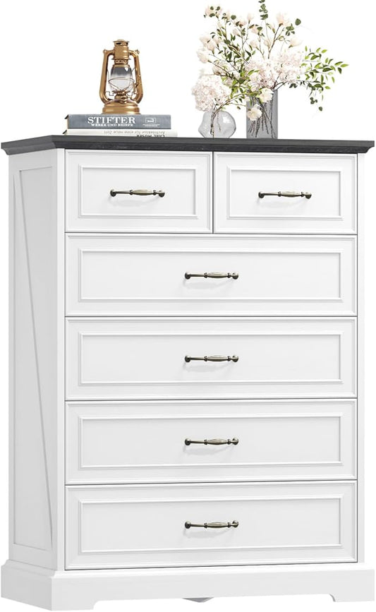 Dresser for Bedroom with 6 Drawer, 43'' Tall Dresser for Closet, Farmhouse Wooden Chest of Drawers with Natural Wood Texture, Vintage Storage Organizer for Living Room, Hallway, White