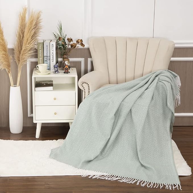 Gealaek Decorative Diamond Lattice Faux Cashmere Throw Blanket Honeydew Fringe Lightweight Fuzzy Soft Cozy Throws for Sofa Bed Farmhouse Throw Blanket 50" x 60"