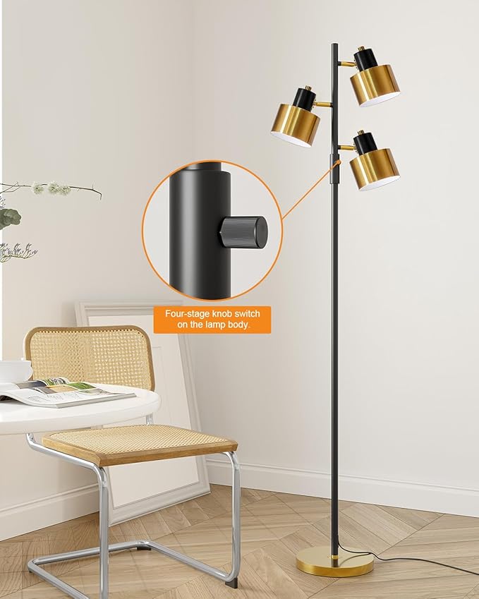 OYEARS Floor Lamp for Living Room Bright Lighting Tall Modern Industrial Vintage Standing Corner Lamps LED Metal Light Office Bedroom Study Gold Black Cream Matte Accent (3-Light, Gold)