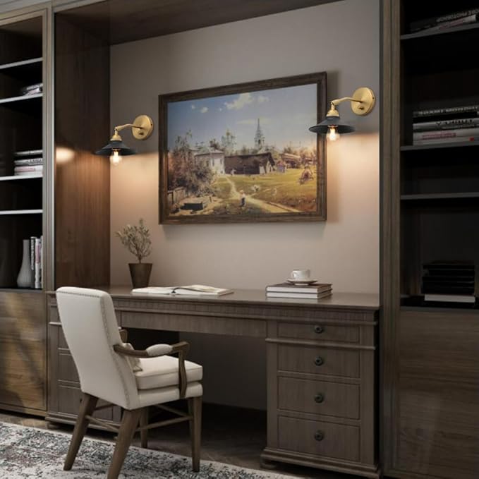 Yosoan Set of 2 Indoor Bedside Wall Sconce with On Off Switch, Hardwired Vanity Vintage Industrial Wall Mount Light, 340 Degree Angle with 7.1" Matte Black Shade for Reading Bedroom (Black-Antique)