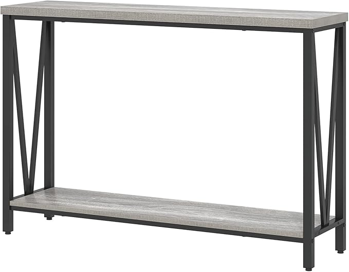 FOLUBAN Industrial Sofa Console Table, Rustic Wood and Metal Entryway Hallway Table for Living Room Entrance, 43.3 Inch Light Grey