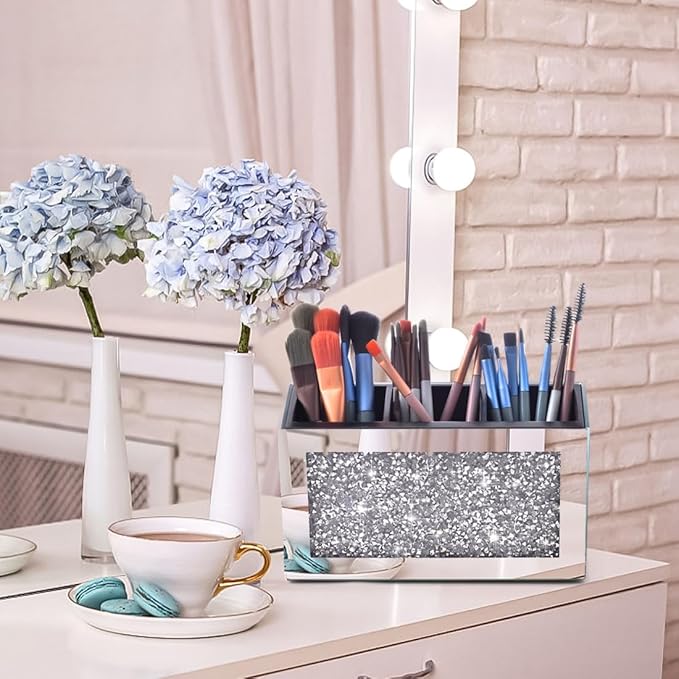 Crystal Crushed Diamond Silver Makeup Brush Holder Organizer, 3 Slot Mirrored Cosmetics Brushes Storage Case, Cute Pen and Pencil Glass Holder, Eyeliners Display Case