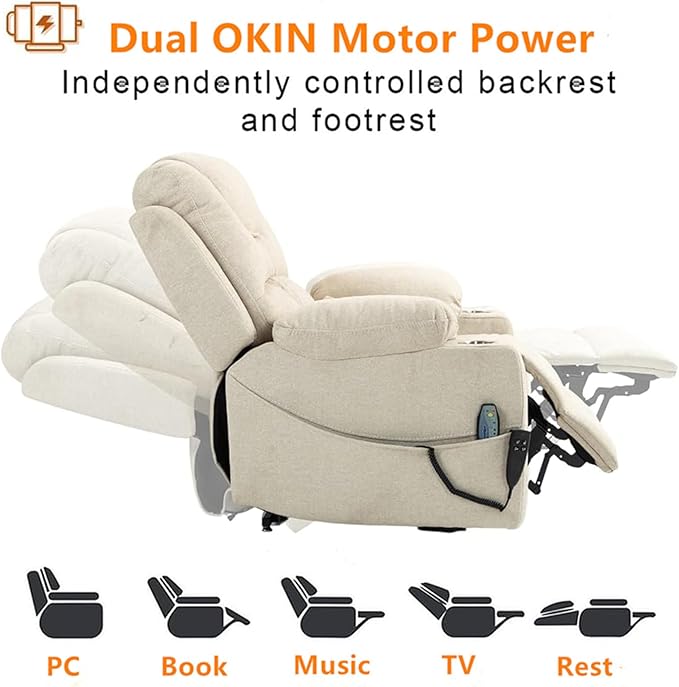 180 Degrees Lay Flat Lift Recliner Chair with Heat and Massage, Dual Motor Infinite Position Electric Power Lift Recliners for Elderly, Big Man Up to 400 LBS, Seniors, White