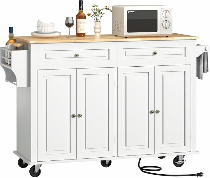 55" Movable Kitchen Island with Drop Leaf and Power Outlet, Rolling Island Cart w/Storage Cabinet, Island Table on Wheels for Kitchen w/2 Drawers, Spice Rack, Towel Bar, Garage Hook, White