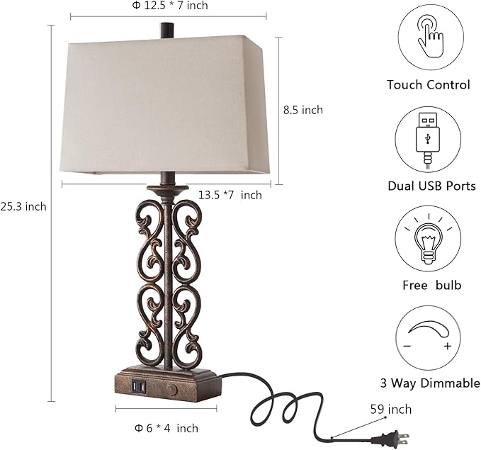 25" Farmhouse Touch Table Lamps for Living Room, 3 Way Dimmable Dual USB Ports, Vintage Rustic Bedside Table Lamp for Bedroom Bedside End Table, LED Bulbs Included