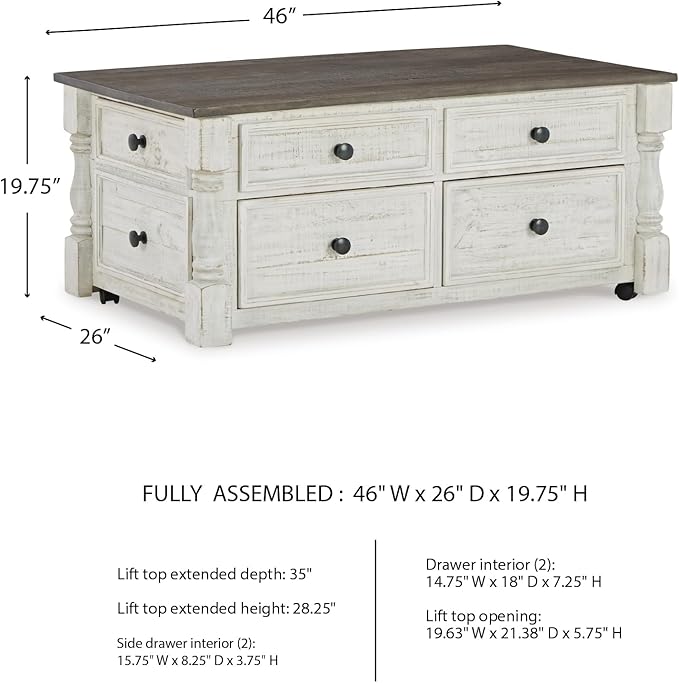 Signature Design by Ashley Havalance Farmhouse Lift Top Coffee Table with 4 Storage Drawers and Small Storage Tray, Whitewash