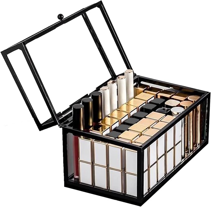 40 Lipsticks Organizer with Lid, Glass Display Box Fits Large Perfume & Skincare, Easy-Access Organiser for Vanity Countertop, Multifunctional Display Box in Any Rooms