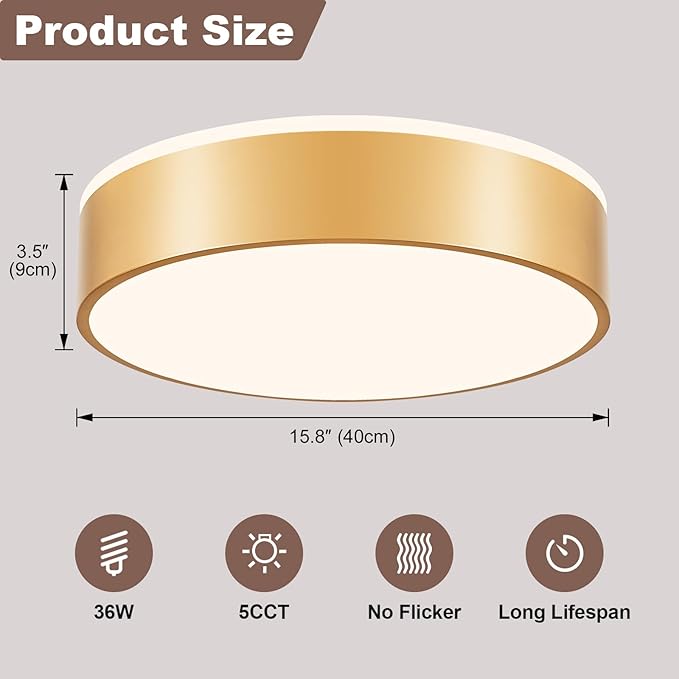 Gold LED Flush Mount Ceiling Lights, Modern Dimmable 5CCT Close to Ceiling Light, Minimalist Overhead Round Kitchen Lighting Fixtures for Bedroom Hallway Entryway Living Room, 15.8 Inch