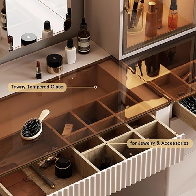 homary Modern Makeup Vanity Set with Charging Station, Makeup Table with 5 Drawers, Jewelry Storage, Vanity Desk with Foldable Mirror, Dressing Table with Stool for Bedroom (Champagne)