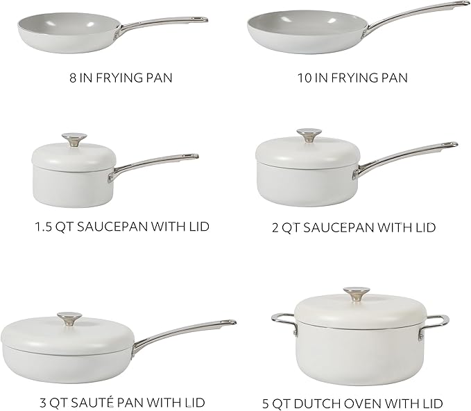Sur La Table Kitchen Essentials Potluck Porch 10 Piece PFA Free Ceramic Non stick Interior Forged Aluminum Cookware Pots and Pans Set W/Aluminum Lids - Linen White - Induction Compatible