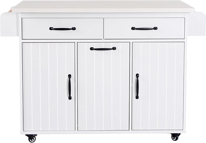 Kitchen Island with Storage & Drop Leaf, 51" Kitchen Rolling Island on Wheels with Spice Rack & Towel Rack, Kitchen Island Cart with Trash Can Storage, White