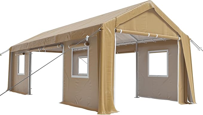 13x20ft Heavy Duty Carport Outdoor Canopy Portable Garage with 4 Doors & 4 Windows Waterproof UV Resistant Storage Shelter with Removable Sidewalls for Car Truck Boat, Earthy Yellow