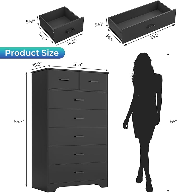 DICTAC Black Dresser for Bedroom with 7 Drawers, 55.7" Tall Dressers Chest of Drawers, Modern Large Wood Storage Dresser Organizer with Metal Handle, Vertical Dressers for Bedroom Living Room Nursery