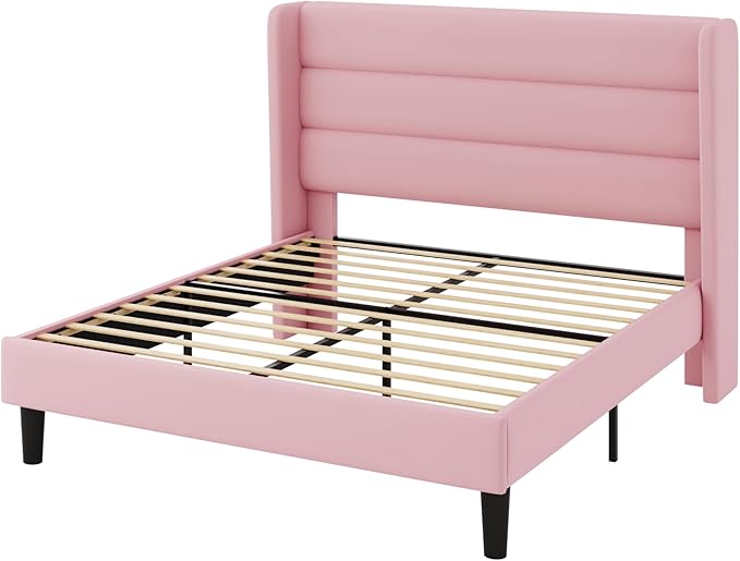 Allewie Queen Size Platform Bed Frame with Velvet Upholstered Wingback Headboard, No Box Spring Needed, Under Bed Storage Space, Strong Wooden Slats, Modern Mattress Foundation, Easy Assembly, Pink