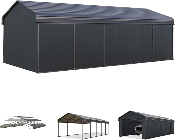 MFSTUDIO Carport 12x25 ft, Outdoor Heavy Duty Carports with Sidewalls, Metal Shed Canopy Shelters Garage Shelter Shade Car Ports with Galvanized Roof for Cars, Truck and Boats ﻿