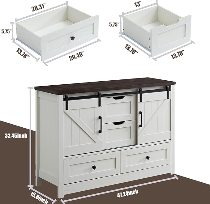 Farmhouse Dresser for Bedroom, 4 Drawers Dresser with Sliding Barn Door, 48" Wide Dresser 4 Chest of Drawers, Storage Organizer Dresser for Bedroom, Hallway, Living Room, Dining Room, Antique White