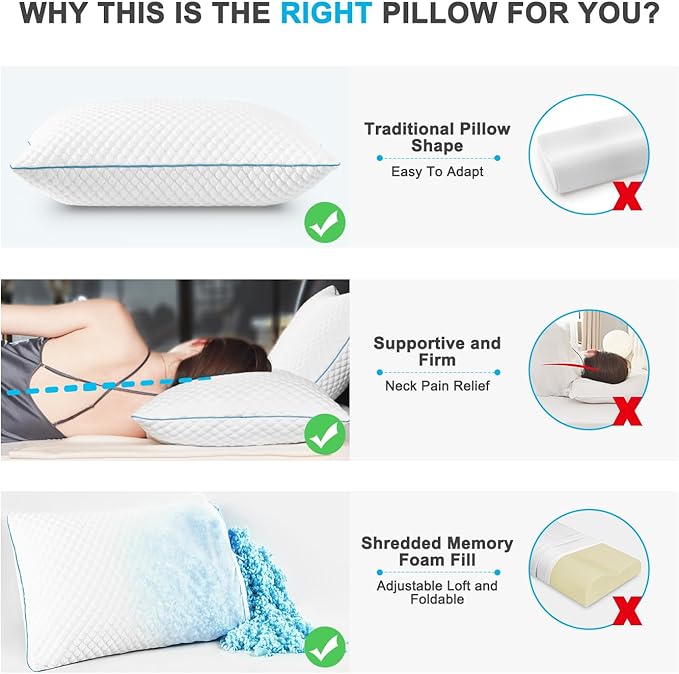 VVZ Cooling Bed Pillows Queen Size Set of 4, Shredded Memory Foam Pillows Cool Cold Pillow for Side Back Stomach Sleepers