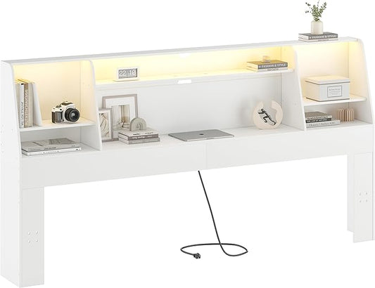 Headboard Queen Size with Storage, Upholstered Wood Bookcase Headboard with Charging Station & 2 LED Lights (White, King)