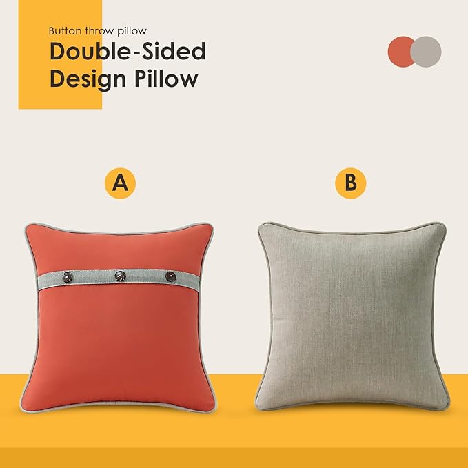 Outdoor Sunbrella Decorative Pillows with Triple Coconut Buttons Pack of 4, 16" x 16" Outdoor Pillow Set for Couch Bed Throw Patio Sofa, Canvas Melon/Cast Ash