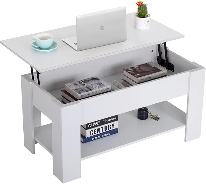 FDW 39.4" Lift Top Coffee Table with Hidden Compartment and Storage Shelf Wooden Lift Tabletop for Home Living Room Reception Room Office,White