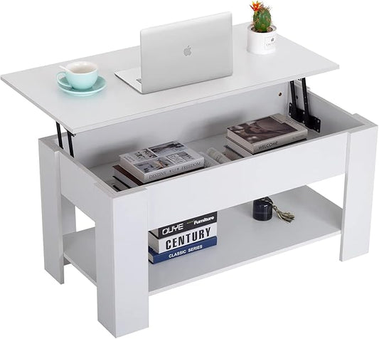 FDW 39.4" Lift Top Coffee Table with Hidden Compartment and Storage Shelf Wooden Lift Tabletop for Home Living Room Reception Room Office,White