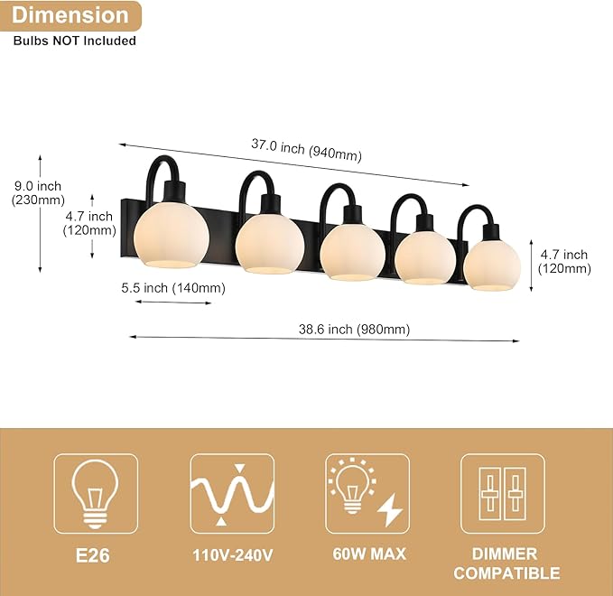 37 Inch Bathroom Light Fixtures, 5-Lights Black Vanity Light with Milk White Globe Glass Shade, Bath Vanity Wall Mounted Lighting Over Mirror for Kitchen