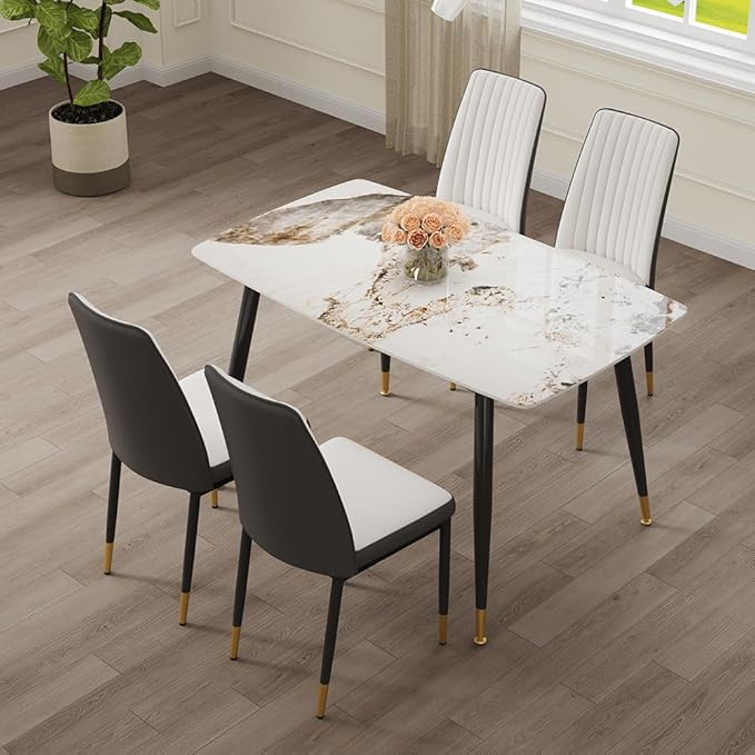 50" Modern Sintered Stone Dining Table Set 5 Pieces Rectangular Faux Marble Kitchen Table with 4 PU Leather Chair Dinner Set(1Faux Marble Table+4White Gray Chairs)