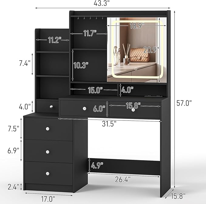 Vabches Makeup Vanity with LED Lights Mirror and Charging Station, Vanity Desk with Multiple Shelves and Drawers, Makeup Desk with Stool, Dressing Desk with 3 LED Light Models for Bedroom, Black