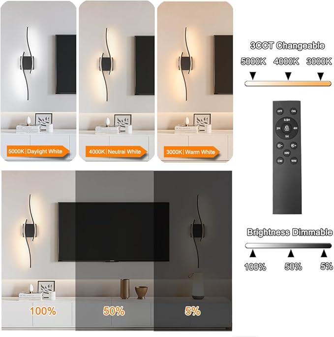 Modern Battery Operated Wall Sconce Set of 2, Black Dimmable LED Wall Light with Remote Control, 3CCT Adjustable, Timer& Memory Function, Wireless Wall Light for TV Wall Living Room Bedroom