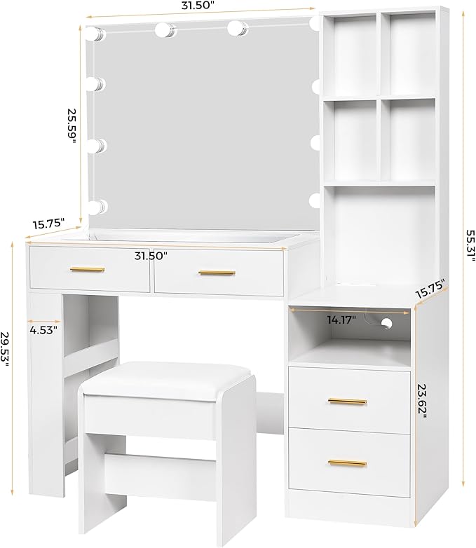 BEWISHOME White Vanity Desk with Mirror and Lights,Makeup Vanity Set with Glass Top,Large Dressing Table with Charging Station,4 Drawers,Nightstand,Stool,Makeup Desk for Girls Women Bedroom FST28W