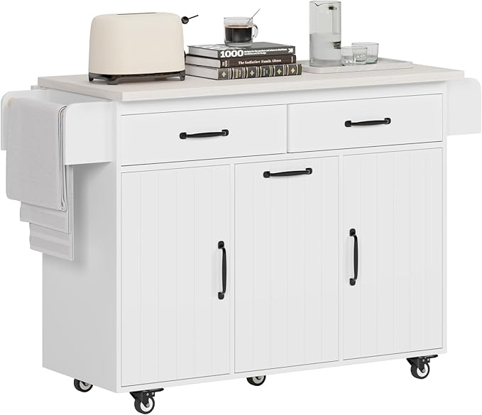 Kitchen Island with Storage & Drop Leaf, 51" Kitchen Rolling Island on Wheels with Spice Rack & Towel Rack, Kitchen Island Cart with Trash Can Storage, White