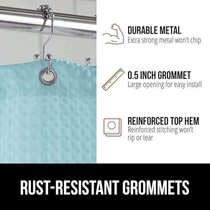 GORILLA GRIP Waffle Shower Curtain, Thick Weighted Fabric, Wrinkle and Rust Resistant, Classic Hotel Quality Design, Heavy Duty Long Curtains for Bathroom Showers Bath Tubs Machine Wash 72x72 Spa Blue