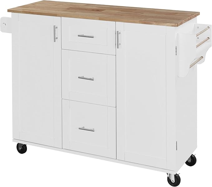 Rolling Mobile Kitchen Island Cart Cabinet with Internal Storage Rack, 3 Drawers and 2 Slide-Out Shelves for Dining Room