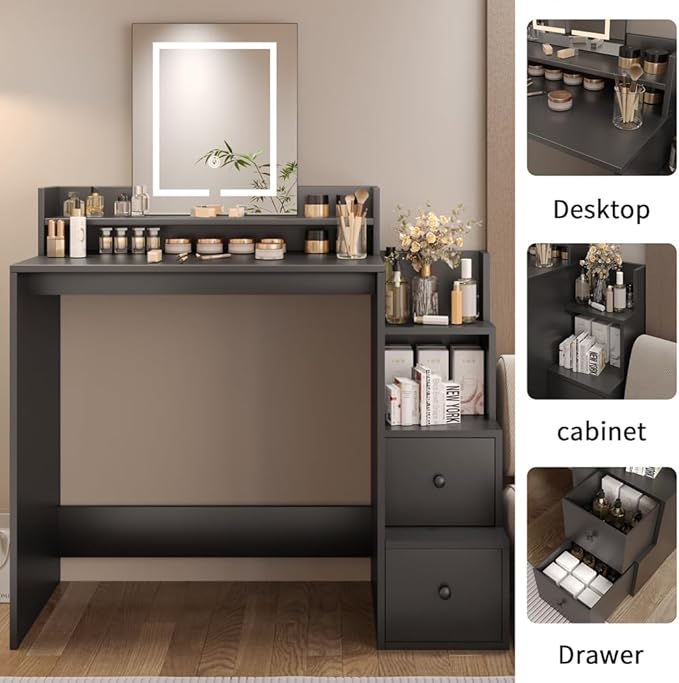 Vanity Desk with Mirror and Lights, Makeup Vanity Desk with Lights 3 Colors, Vanity Table with 2-Tier Shelves, Modern Black Dressing Table for Bedroom