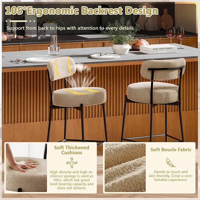 DYHOME Bar Stools Set of 2, 24 Inches Modern Counter Height Bar Stools with Curved Back Metal Legs, Light Brown Upholstered Boucle Barstools for Kitchen Island, Cafe