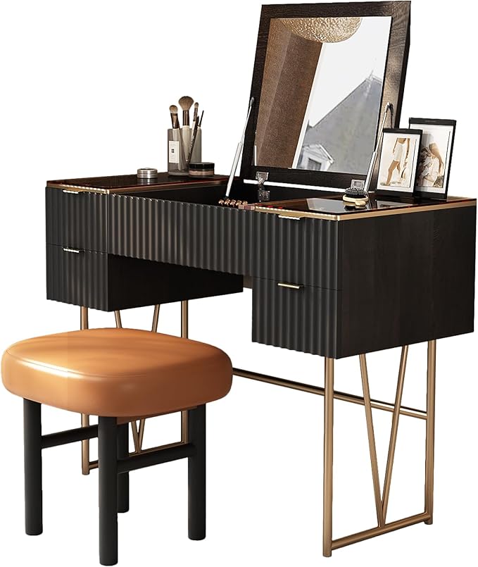 Lartis Flip Top Vanity Table Stylish Makeup Vanity with Stool, Makeup Vanity Desk, Reversible Makeup Mirror, Hidden Storage Compartment,Very Easy to Assemble