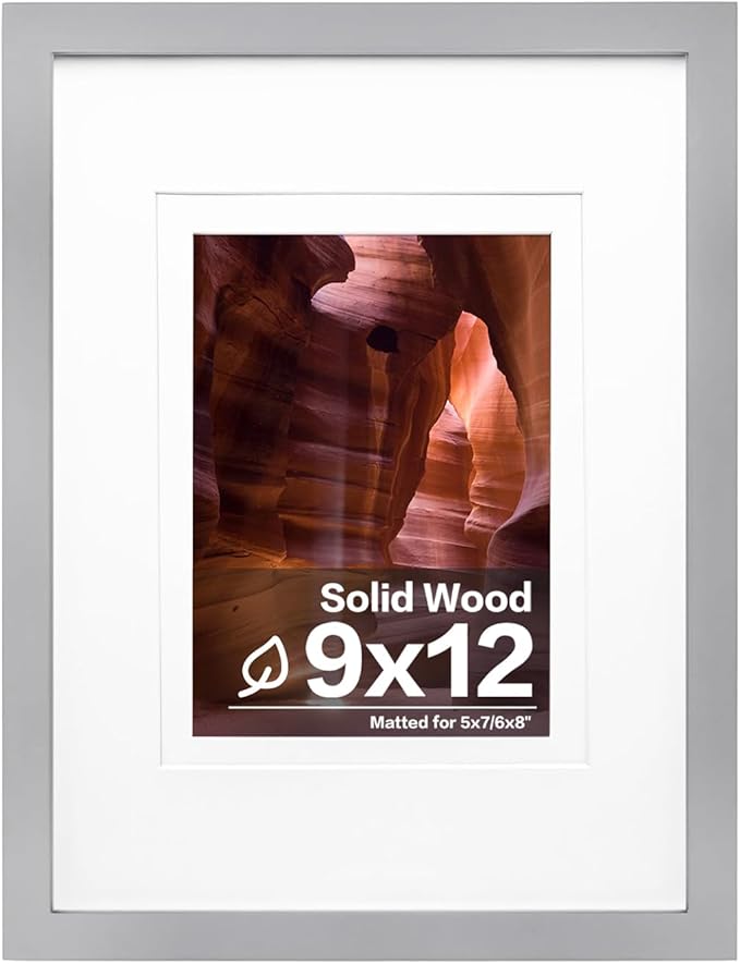 Egofine 9x12 Picture Frame Made of Solid Wood with Plexiglass, Display Pictures 5x7/6x8 with Mat or 9x12 without Mat, for Tabletop and Wall Mounting Photo Frame, Light Gray