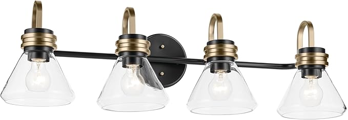 Kichler Farum 34" 4-Light Vanity Light with Clear Glass in Black, for Single or Double Vanity, Over a Mirror, Powder Room, Bathroom, (34" W x 9.5" H), 55156BKCLR