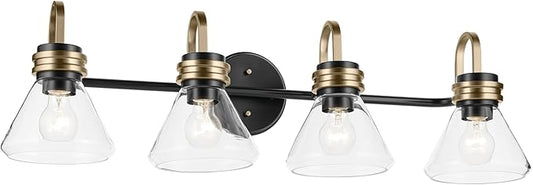 Kichler Farum 34" 4-Light Vanity Light with Clear Glass in Black, for Single or Double Vanity, Over a Mirror, Powder Room, Bathroom, (34" W x 9.5" H), 55156BKCLR