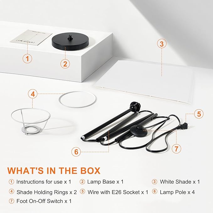 FRIDEKO HOME Floor Lamp with White Shade, Simple Design with Foot Pedal Switch, Small Tall Lamps for Living Room Bedroom Office, Corner Floor Stand Light with Black Pole Lamp (No Bulb/No Remote)