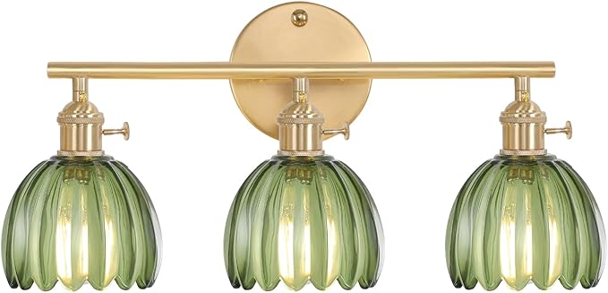Bathroom Light Fixtures, 3-Light Brass Vanity Wall Light Over Mirror with Green Tulip Glass Shade for Bedroom Living Room