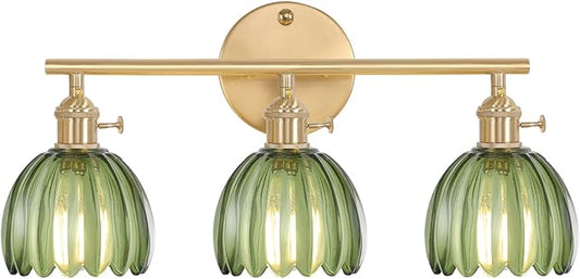 Bathroom Light Fixtures, 3-Light Brass Vanity Wall Light Over Mirror with Green Tulip Glass Shade for Bedroom Living Room