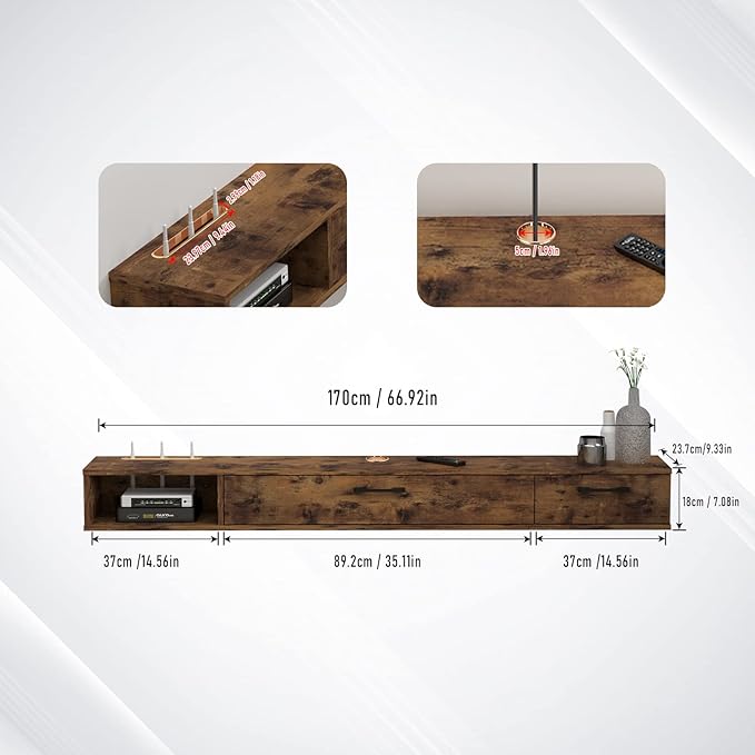 Pmnianhua Farmhouse Floating TV Stand with 2 Doors,66'' Under TV Shelf Floating,Wall Mounted TV Shelf,Rustic Floating TV Console for Under TV(Rustic Brown)