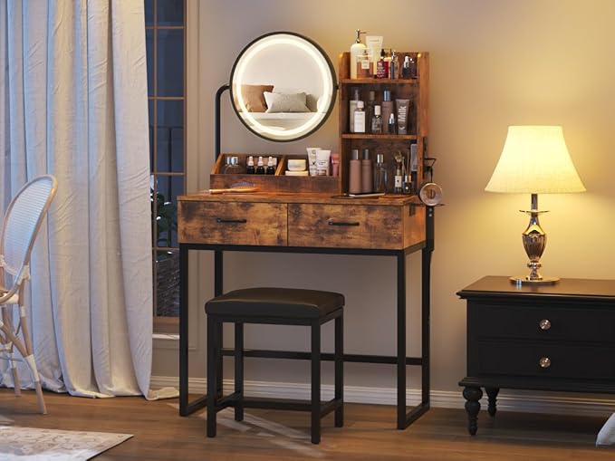 Makeup Vanity Desk with Round Mirror and Lights, Vanity Makeup Table with 2 Drawers, Small Vanity Table for Bedroom with Lots Storage (Brown with Charging, 15.75 * 31.5 * 53.6in)